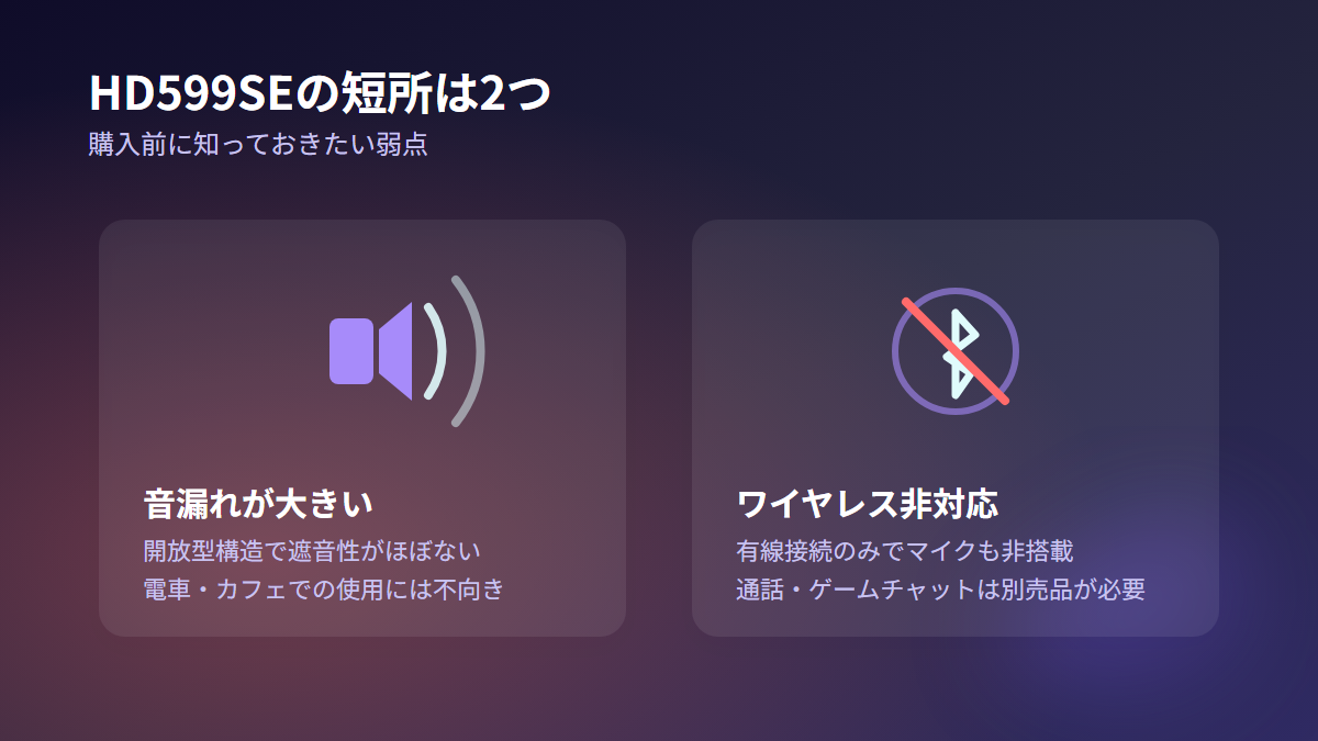 HD599SEの短所である音漏れとワイヤレス非対応の図解